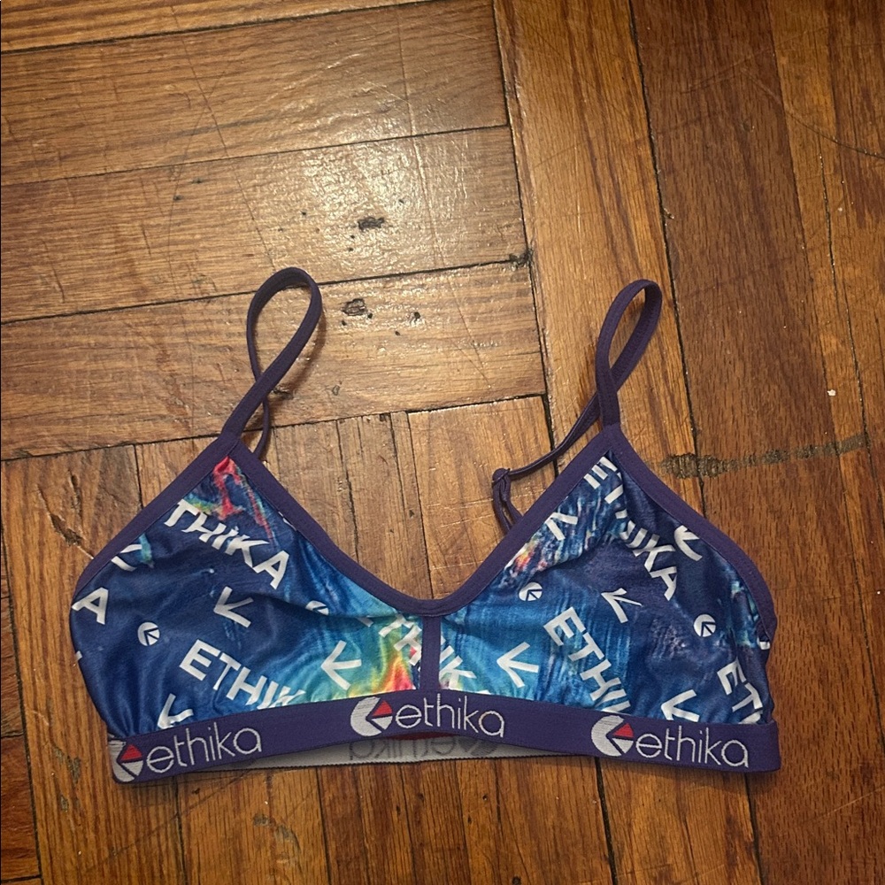ethika Blue Logo Bralette Swim Top with Multicolor Accents